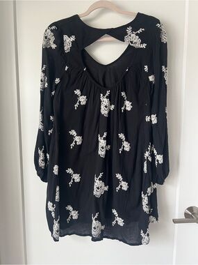 Free People Black Floral Embroidered Long-Sleeve Mini Dress